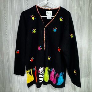 Quacker Factory VTG Kitty Cat Kitten Black Colorful Cardigan Sweater Womens Sz M